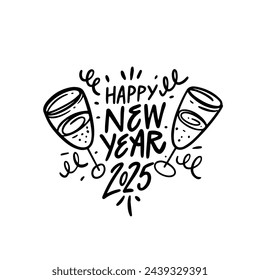 Happy New Year 2025 black color calligraphy lettering phrase sign. Vector art text.