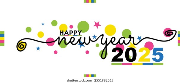 Happy New Year 2025! Black vector brush calligraphy banner features colorful swashes, circles, stars, and dots for a festive touch. 1 January New Year's Eve greeting card and Social Media Cover