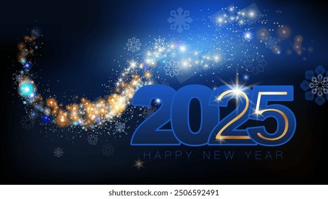 Happy New Year 2025. Blue numbers with golden stripes, holiday, gifts. Blue, black background, stars and snowflakes. 2025, banner, design for calendar. Starry sky, Merry Christmas. Vector illustration