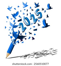 Happy new year 2025 and Blue pencil with birds freedom concept