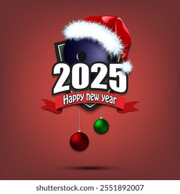 Happy new year 2025. Bowling logo template design. Bowling ball in santa hat. Design pattern for greeting card, banner, poster. Vector illustration on isolated background