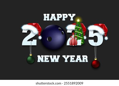 Happy new year. 2025 with bowling ball. Numbers in Christmas hats with skittles and Christmas tree ball. Original template design for greeting card. Vector illustration on isolated background