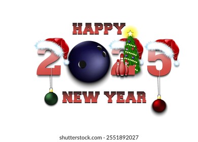 Happy new year. 2025 with bowling ball. Numbers in Christmas hats with skittles and Christmas tree ball. Original template design for greeting card. Vector illustration on isolated background