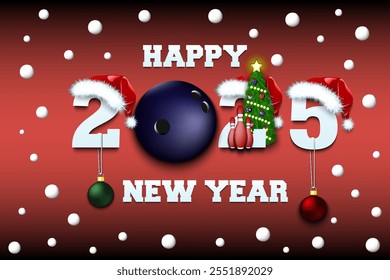 Happy new year. 2025 with bowling ball. Numbers in Christmas hats with skittles and Christmas tree ball. Original template design for greeting card. Vector illustration on isolated background