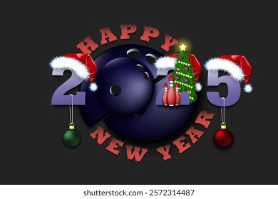 Happy new year. 2025 with bowling ball. Numbers in Christmas hats and Christmas tree ball. Original template design for greeting card. Vector illustration on isolated background