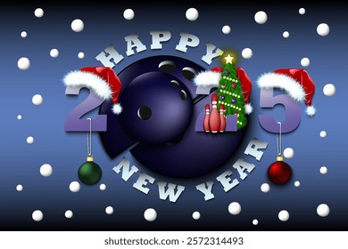 Happy new year. 2025 with bowling ball. Numbers in Christmas hats and Christmas tree ball. Original template design for greeting card. Vector illustration on isolated background