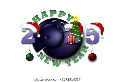 Happy new year. 2025 with bowling ball. Numbers in Christmas hats and Christmas tree ball. Original template design for greeting card. Vector illustration on isolated background