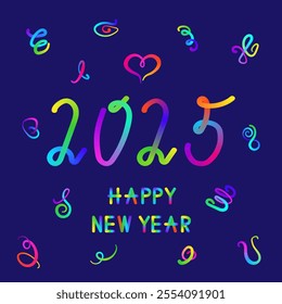 Happy New Year 2025 bright neon letters and shapes. Vector illustration.