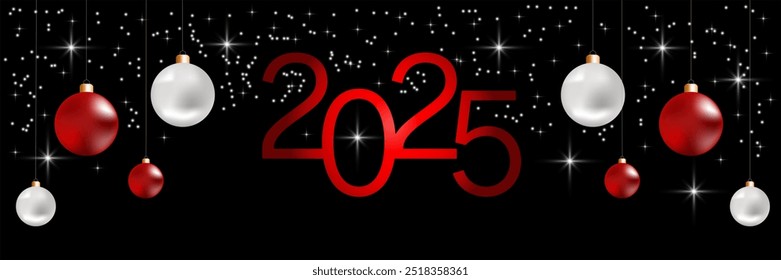 Happy New Year 2025 brochure covers set. Xmas minimal banner design with festive trees with balls. Vector illustration for flyer, poster or greeting card. Mesh colors balls.