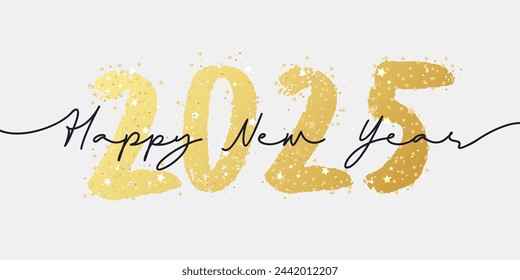 Happy New Year 2025 brush painted calligraphy numbers with sparkles and glitter. Vector illustration background for new year's eve and seasonal holidays flyers, greetings and invitations.