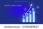 Happy New year 2025. 2025 Business success, growth celebration and prosperity wishes card design. 2025 numbers on graph with arrow upward increasing.