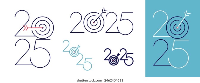 Happy New Year 2025 with business concept banner. Template for Planning for goal and success concepts. Big white 2025 year number with Target icon inside. Vector thin and graceful colored numbers.