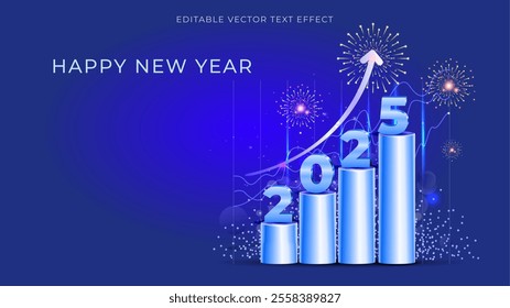 Happy New year 2025. 2025 Business success, growth celebration and prosperity wishes card design. 2025 numbers on graph with arrow upward increasing.