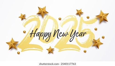 Happy New Year 2025 with calligraphic and brush painted text. Vector illustration background for new year's eve and new year resolutions and happy wishes with stars and balls christmas elements