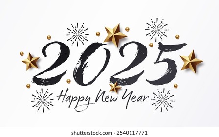 Happy New Year 2025 with calligraphic brush painted text and fireworks. Vector illustration background for new year's eve and new year resolutions. Happy wishes with stars and balls christmas elements