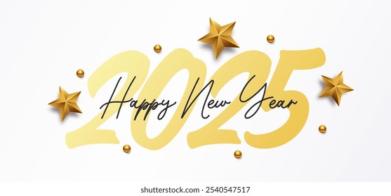 Happy New Year 2025 with calligraphic and brush painted text. Vector illustration background for new year's eve and new year resolutions and happy wishes with stars and balls christmas elements