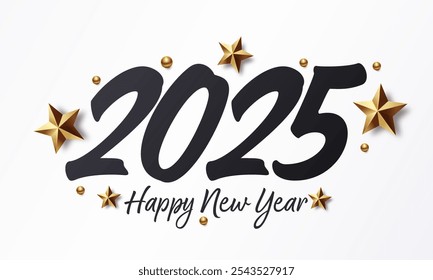 Happy New Year 2025 with calligraphic and brush painted text. Vector illustration background for new year's eve and new year resolutions and happy wishes with stars and balls christmas elements