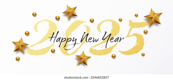 Happy New Year 2025 with calligraphic and brush painted text. Vector illustration background for new year's eve and new year resolutions and happy wishes with stars and balls christmas elements