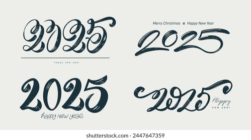 Happy New Year 2025 with calligraphy and blue brush painted text effect. Vector for new year's eve and christmas elements. Luxury Happy New Year. Design for poster, banner, greeting 2025 celebration.