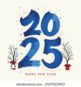 Happy New Year 2025 with calligraphy and brush-painted text effects. Happy New Year 2025 typography text, Vector blue logo illustration, greeting card or banner design, handwriting, brush, watercolor