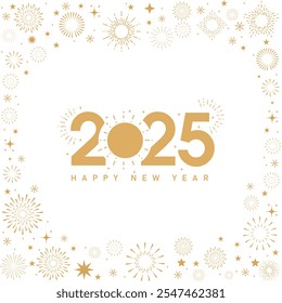 Feliz Ano Novo 2025 com caligrafia e elementos de ouro estrela Banner, poster, post design