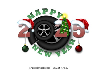 Happy new year. 2025 with car wheel. Numbers in Christmas hats and Christmas tree balls. Original template design for greeting card. Vector illustration on isolated background