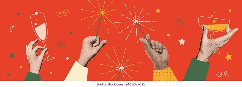 Happy new year 2025 card design. Hands holding New Year s champagne glasses and sparklers. Muted color collage style vector illustrations. Vintage zine design for poster, banner