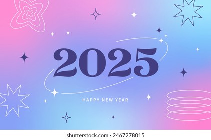 Tarjeta de feliz año Nuevo 2025, portada, publicación en redes sociales, diseño de Plantilla. Fondos vintage de gradiente estético moderno, Formas abstractas geométricas. Y2k de moda estética minimalista. Ilustración vectorial.