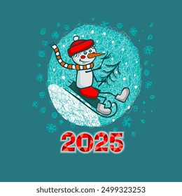 Happy New Year 2025 card. Funny snowman. hand drawing. Not AI, Vector illustrations