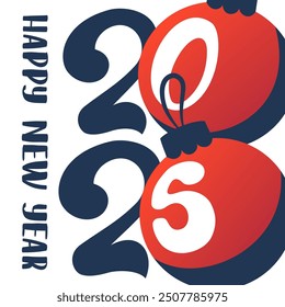 Happy new year 2025 card with Christmas balls. Square banner, card, postcard, cover. Blue and red colors. 