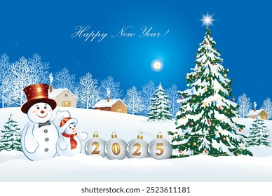 Happy New Year 2025 card. Christmas tree and snowmen on background of winter snowy landscape. 3d vector illustration of winter holidays.