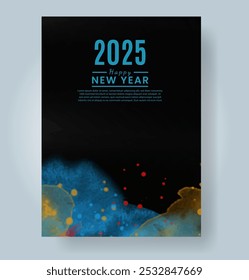 Happy new year 2025 card template with watercolor background