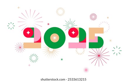 Happy New Year 2025 card with fireworks, colorful poster
