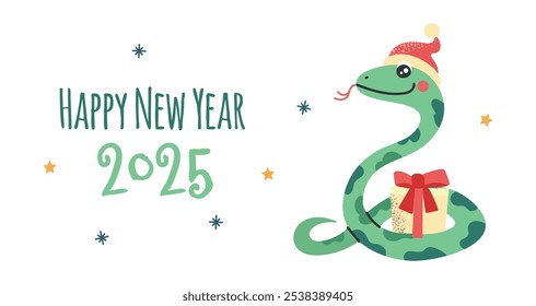 Happy New Year 2025 card poster banner design illustration with funny snake 
