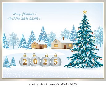 Happy New Year 2025 card. Christmas tree on the background of winter snowy landscape. 3d vector illustration for new year holidays.