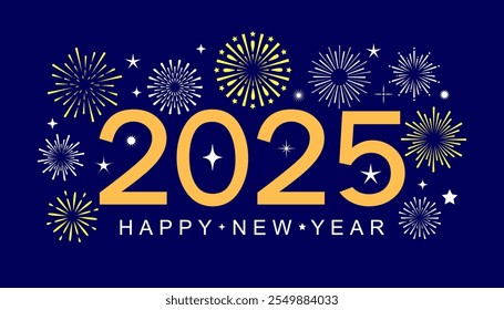 Happy New Year 2025 card design template with fireworks, celebrating 2025 New Year. Elegant card for event with golden fireworks and golden numbers on blue background