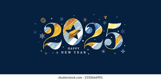 Happy New Year 2025 card, poster, web banner or header, holiday cover. Xmas New Year design template in trendy art style with luxury, gorgeous number 2025 design on dark background. Vector