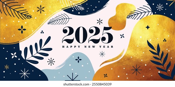 Feliz Ano Novo 2025 cartão, cartaz, web banner ou cabeçalho, capa de feriado. Xmas modelo de design de Ano Novo em estilo de arte na moda com luxo, lindo número 2025 design em fundo escuro. Vetor