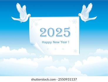 Happy New Year 2025 card, flying doves in sky with a sheet of paper with congratulation. Vector illustration