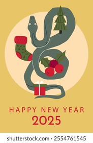 Happy New Year 2025 card with snake, tree, and gifts. Festive illustration of a snake with a Christmas tree, gifts, vertical design, cards, banners.