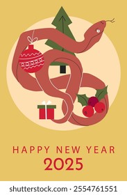 Happy New Year 2025 card with snake, tree, and gifts. Festive illustration of a snake with a Christmas tree, gifts, vertical design, cards, banners.