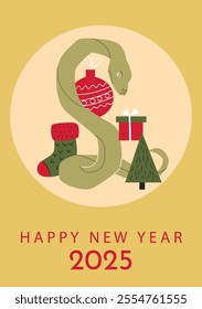 Happy New Year 2025 card with snake, tree, and gifts. Festive illustration of a snake with a Christmas tree, gifts, vertical design, cards, banners.