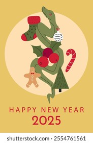 Happy New Year 2025 card with snake, tree, and gifts. Festive illustration of a snake with a Christmas tree, gifts, vertical design, cards, banners.