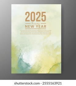 Happy new year 2025 card template with watercolor background