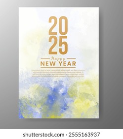 Happy new year 2025 card template with watercolor background