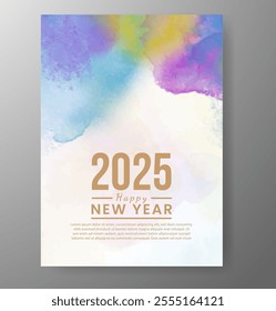 Happy new year 2025 card template with watercolor background
