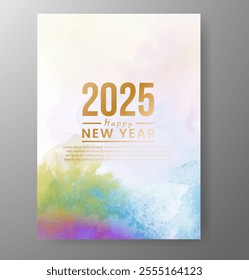 Happy new year 2025 card template with watercolor background