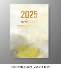 Happy new year 2025 card template with watercolor background