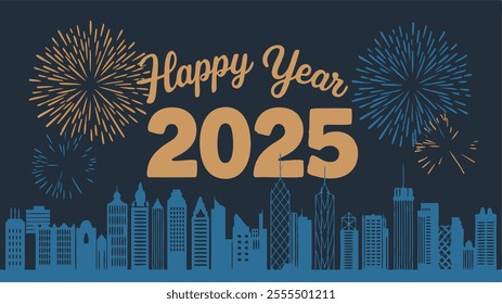 Happy New Year 2025 card design with fireworks in background, Happy New Year, 2025, 