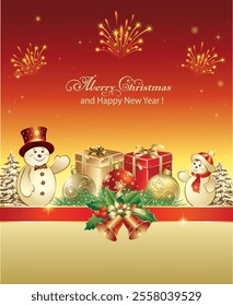 Happy New Year 2025 card with gift boxes, Christmas tree balls and funny snowmen decorated with ribbon and bells. Vector illustration 3d